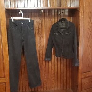 CHRISTINE ALEXANDER Black Denim Jacket and Pants Set SIZE 8 with Embellishments